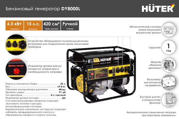 Бензиновый генератор HUTER DY8000L 64/1/33 — изображение 2