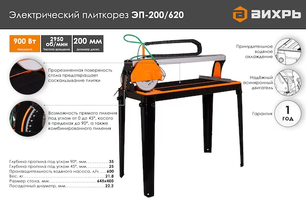 Электрический плиткорез Вихрь ЭП-200/620 72/22/2 — изображение 2